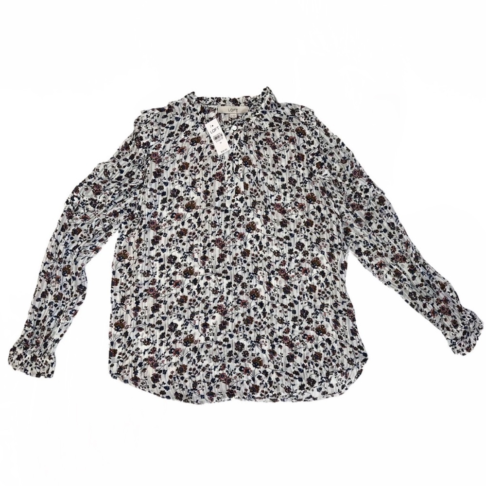 Ann Taylor Loft NEW Floral Print Ruffled Keyhole Crinkle Blouse Top Sz M